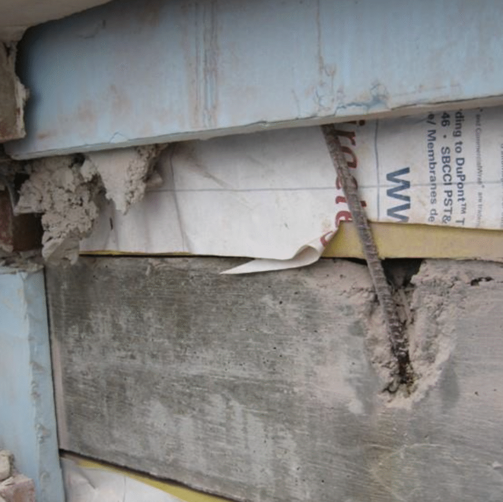 Damage of concrete is investigated before repairing. Part of advanced diagnostics on this project.